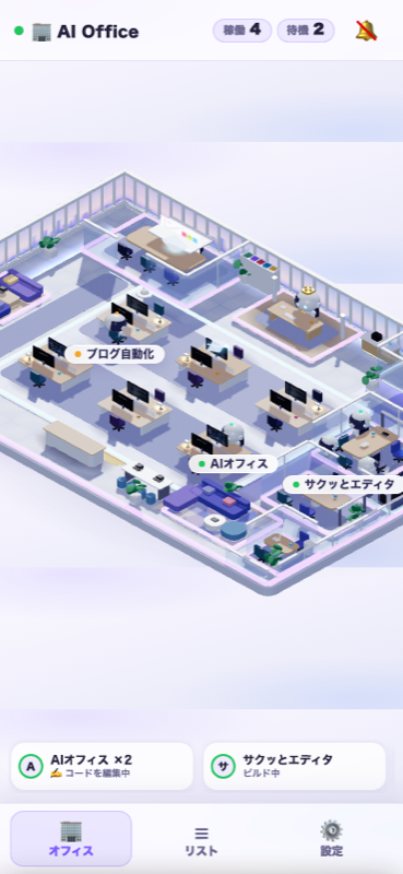 iPhoneのAI Office画面。3Dオフィスに各プロジェクトのロボットと作業内容が表示されている